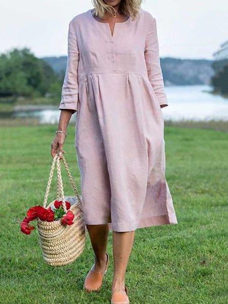 

Cotton Blends Loosen Casual Long Sleeve Woven Dress, Pink, Dresses