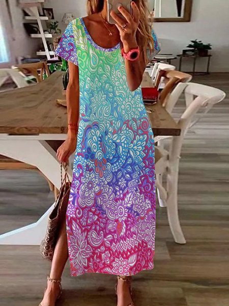 

Floral Casual Round Neck Short Sleeve A-line Dress, Multicolor, Maxi Dresses