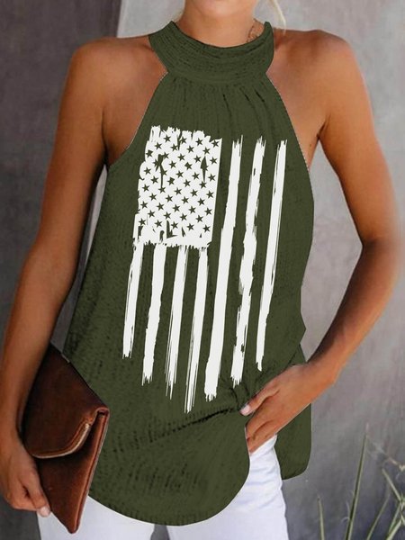 

Loose holiday sleeveless striped star flag printed top T-shirt vest Plus Size, Army green, Tanks & Camis