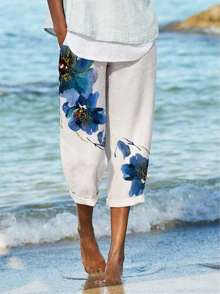 

Ombre Floral Casual Loosen Cotton Blends Pants, White, Pants