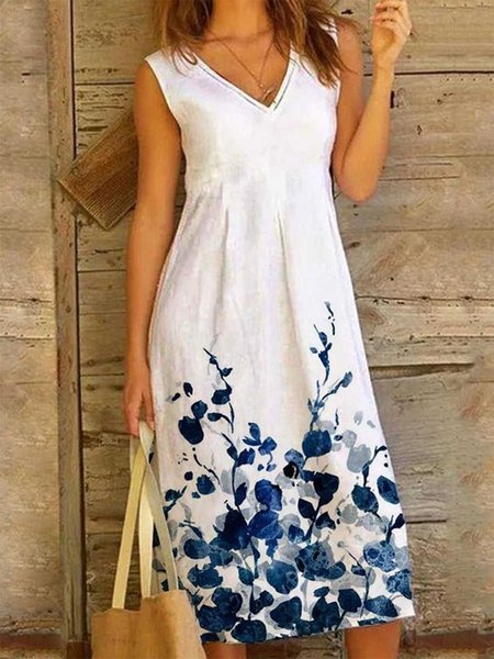 

Floral Casual Sleeveless A-line Dresses, White, Midi Dresses