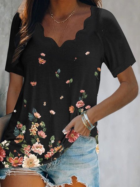 

V Neck Floral Vacation Short Sleeve T-Shirt, Black, T-Shirts