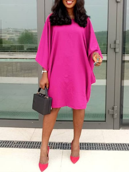 

Solid Loosen Simple Short Sleeve Dress, Rose red, Mini Dresses