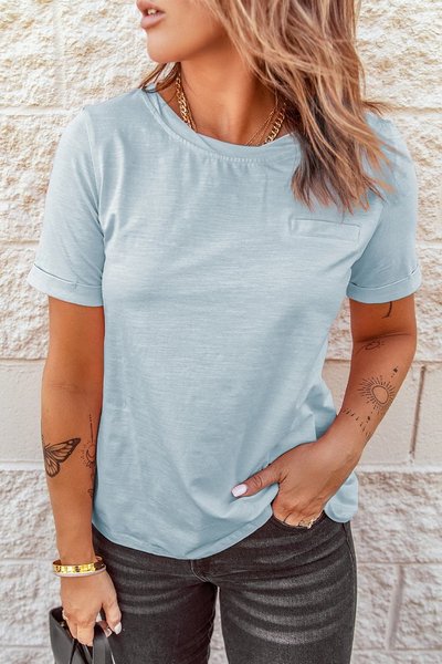 

Loosen Solid Casual Short Sleeve T-Shirt, Blue, Tees & T-shirts