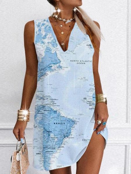 

Map V Neck Sleeveless Plus Size Casual Dresses, Blue, Mini Dresses