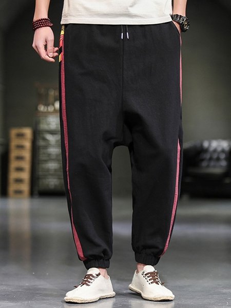 

Men's Cotton Linen Print Casual Harem Trousers, Black, Pants