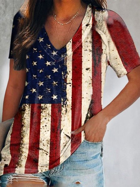 

Regular Fit Classic American Stars V Neck Short Sleeve T-Shirt, Multicolor, T-Shirts