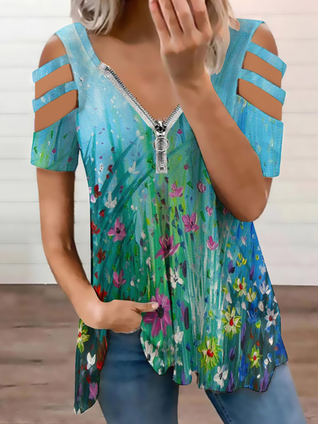 

Casual Simple Floral Print Short Sleeve Top, As picture, Blouses