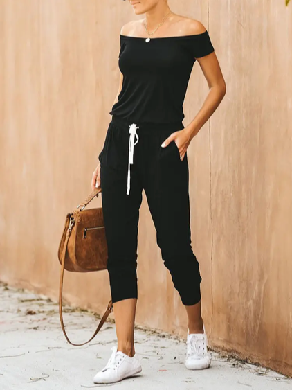 

Vacation Boat Neck Jumpsuit & Romper, Black, Jumpsuits＆Rompers