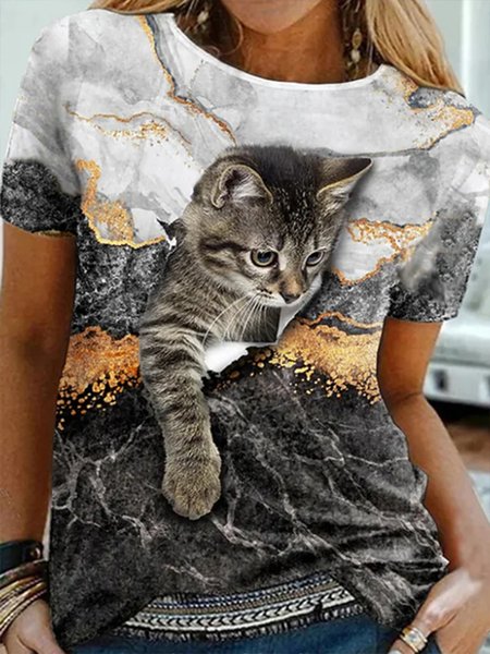 Casual Comfortable Cat Print Short Sleeve T Shirt