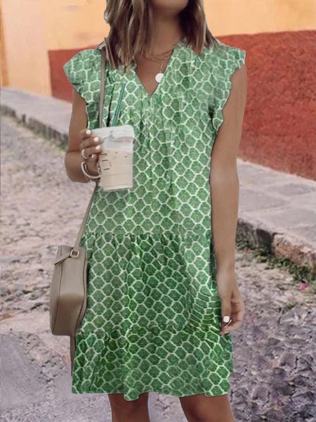 

Geometric V Neck Cap Sleeve Plus Size Casual Dresses, Green, Mini Dresses