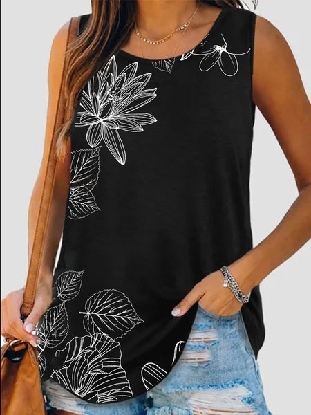

Loosen Crew Neck Floral Casual Cotton Blends Short Sleeve Tops, Black, Tank Tops & Camis