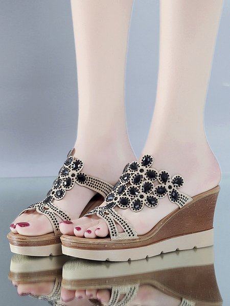 

JFN Rhinestone Floral Cutout Boho Wedge Slides, Black, Sandals & Slippers