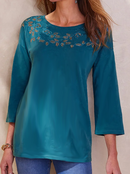 

Embroidered Cotton Blends Crew Neck Tunic Floral T-shirt Long Sleeve T-shirt, Cyan, T-Shirts