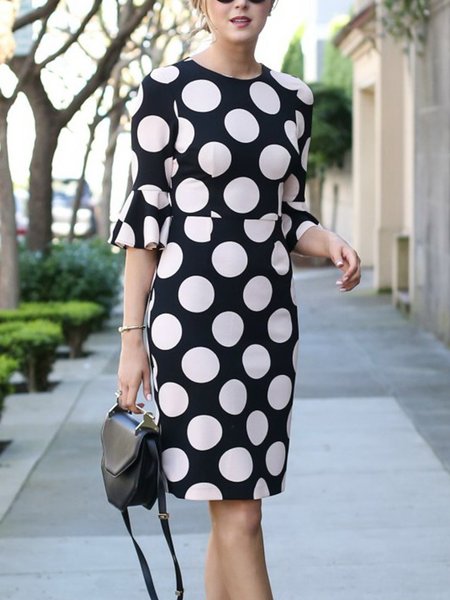 

Elegant Regular Fit Crew Neck Half Sleeve Knee Dress, Black-white, Midi Dresses