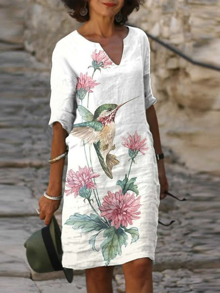 

Floral And Bird Half sleeve Woven Dress, White, Mini Dresses