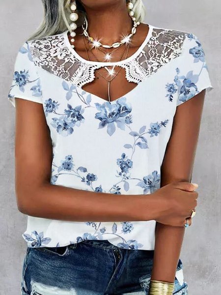 

Loosen Guipure Hollow Out Short Sleeve Tops, Blue, Tees & T-shirts