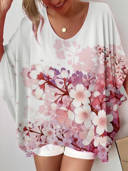 

Floral Casual Loosen Half Sleeve Top, Pink, Tops