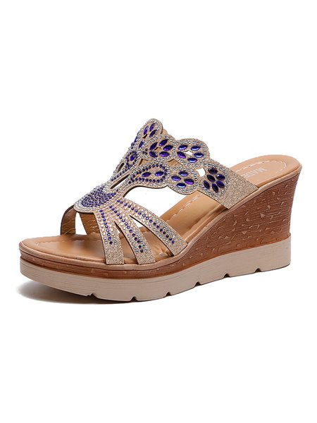 

JFN Rhinestone Cutout Glitter Bohemian Wedge Slippers, Blue, Sandals & Slippers