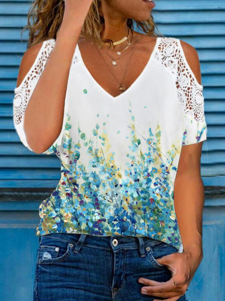 

Casual V Neck Short Sleeve T-Shirt, White, T-Shirts
