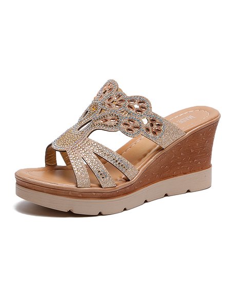 

Rhinestone Cutout Glitter Bohemian Wedge Slippers, Golden, Sandals