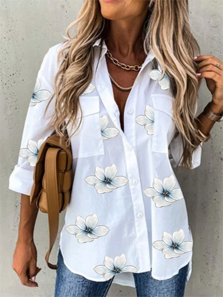 

Shirt Collar Floral Casual Long Sleeve Blouse, White, Blouses & Shirts
