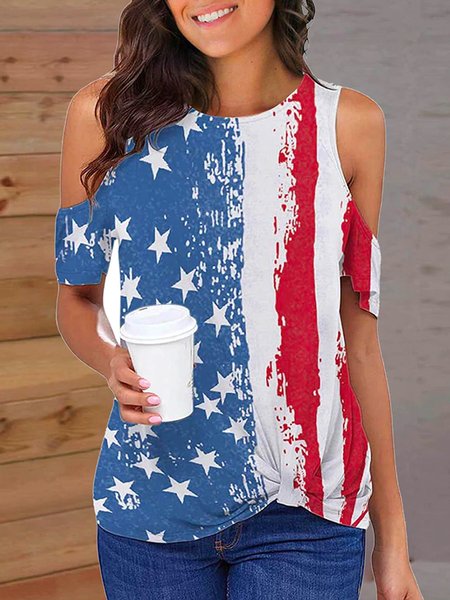

Flag Day Theme Flag Print Spring New Explosive Ladies Knit Tops, Multicolor, T-Shirts