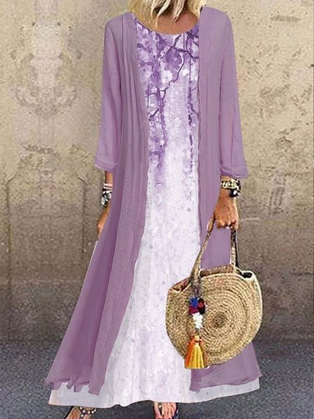 

Causal Gradient Print Round Neck Loosen Maxi Two Piece Dress Sets, Purple, Suit Set
