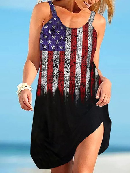 

American Flag Star Sleeveless Casual Round Neck Sleeveless Dresses, Black, Dresses