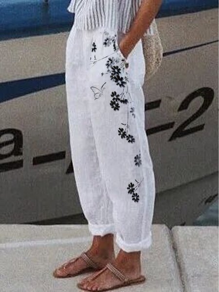 

Loosen Butterfly Casual Floral Cotton Blends Pants, White, Pants