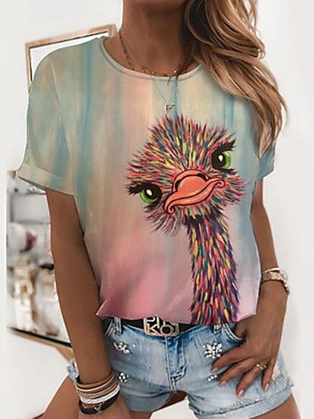 Animal Ombre Printed Casual Loosen Crew Neck Short Sleeve T-Shirt, Flower, T-Shirts