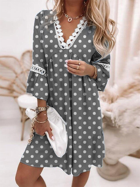 

Polka Dots V Neck Half sleeve Casual Dress, Gray, Mini Dresses