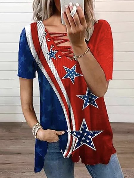 

Shirt Collar Geometric Short Sleeve Blouse, Multicolor, Shirts & Blouses