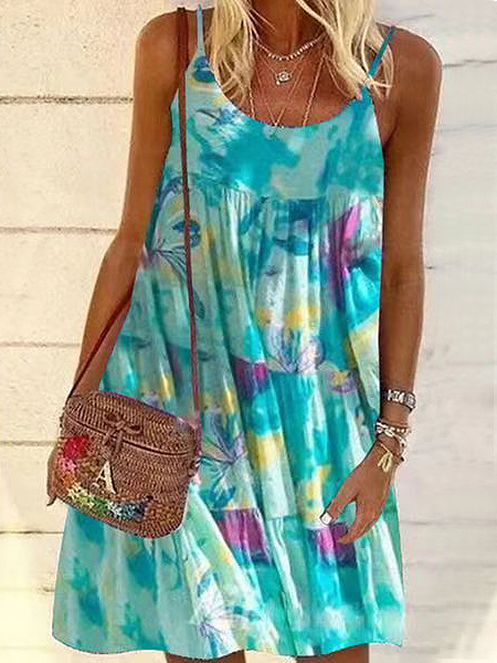 

Floral Boho Sleeveless Woven Dresses, Blue, Dresses