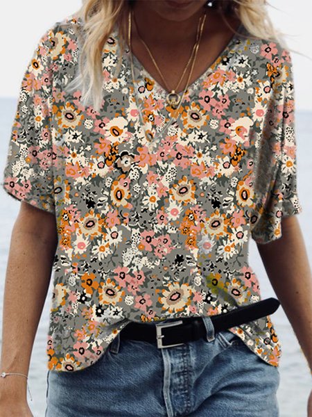 

V Neck Short Sleeve T-Shirt, As picture, T-Shirts