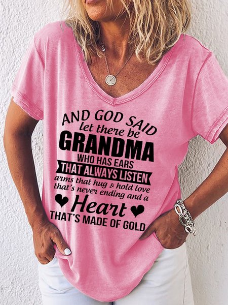 

And God Said Let There Be Grandma Letter Short Sleeve T-Shirt, Pink, T-shirts
