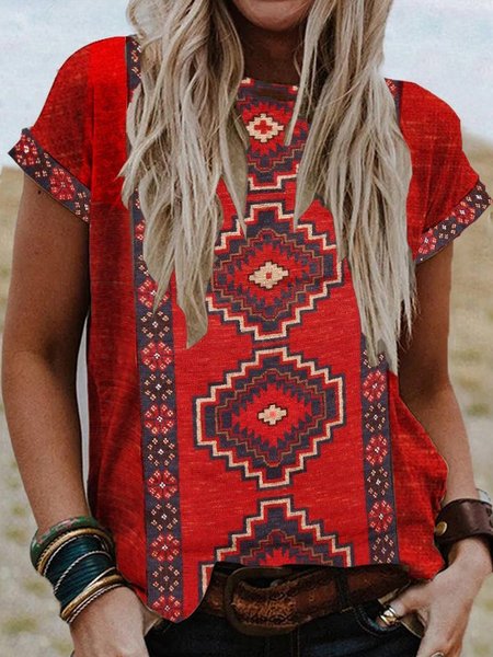 

Casual Geometric West Styles/Cows Loosen Short Sleeve T-Shirt, Red, T-Shirts