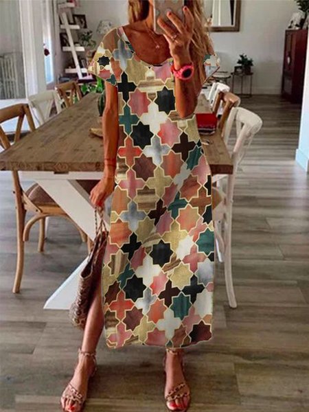 

Checked/Plaid Crew Neck Regular Fit Short Sleeve Knit Dress, Multicolor, Maxi Dresses