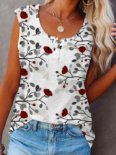 

Sleeveless Crew Neck Floral Print Tank Top, As picture, Tank Top