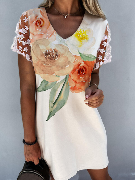 

V Neck Cotton Blends Casual Short Sleeve Knit Dress, Multicolor, Dresses