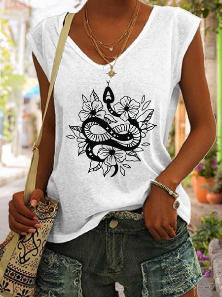 

Casual Simple Snake Flower Print V-Neck Tank Top, White, Tank Tops