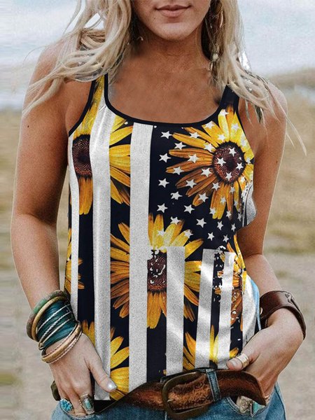 

Chrysanthemum flower stripe star flag print loose fit sleeveless top T-shirt vest Plus Size, Multicolor, Tanks & Camis