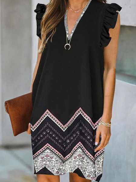 

Silver Web Neck Geometric Print Ruffle Tank Top with Resort Lounge Dress V Neck Short Sleeve Knit Dress, Black, Dresses