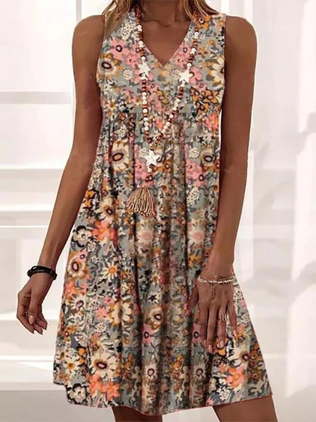 

Plus size V Neck Floral Casual Sleeveless Dresses, Multicolor, Mini Dresses