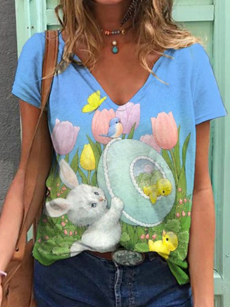 

Vacation Easter Bunny Print V-neck Short Sleeve T-Shirt, Blue, T-Shirts