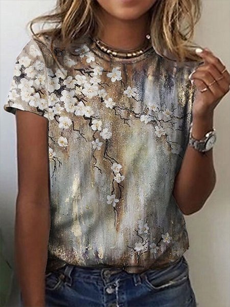 

Casual Crew Neck Floral Short Sleeve T-Shirt, As picture, T-Shirts