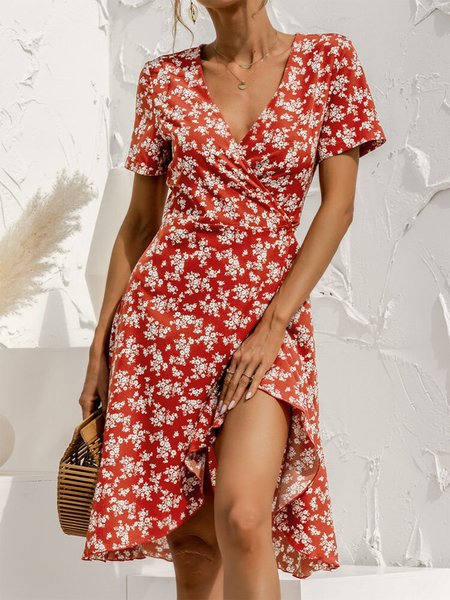 

Vacation Floral Cross Short Sleeve Woven Dress, Orange red, Dresses