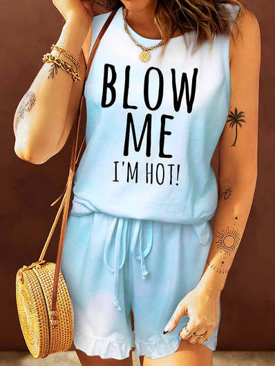 

Cotton Blends Letter Casual Two Piece Sets, Blue, Suit Set