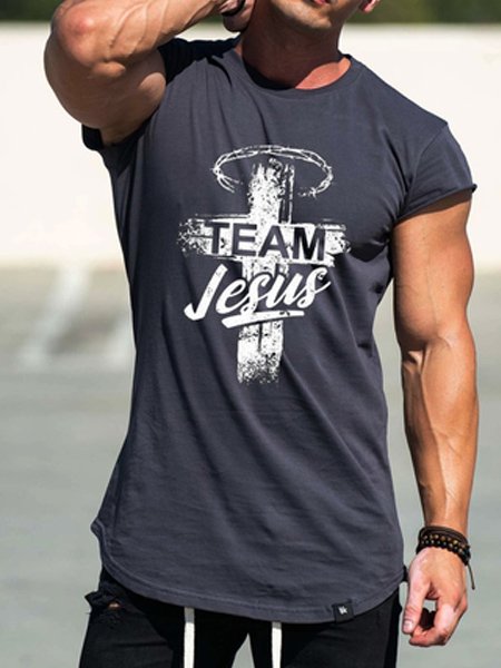 

Men's Casual Cross Print Short Sleeve T-Shirt, Gray, T-Shirts