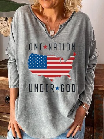 

One Nation Under God V Neck Casual Tops, Gray, Long sleeves